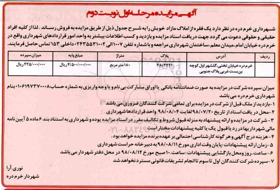 مزایده ،مزایده فروش یک فقره از املاک مازاد 180 مترمربع نوبت دوم