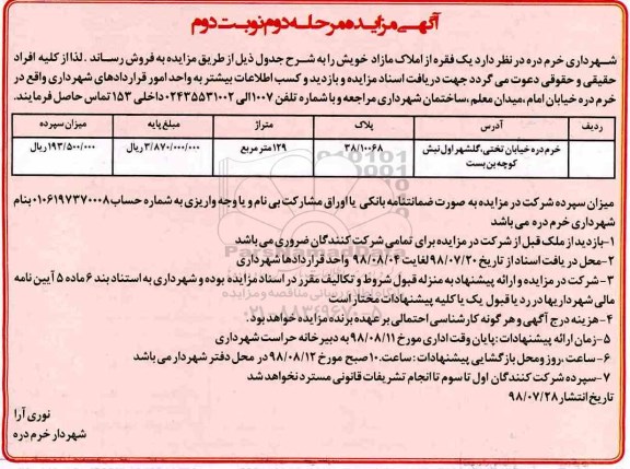 مزایده ،مزایده فروش یک فقره املاک مازاد متراژ 129 مترمربع نوبت دوم
