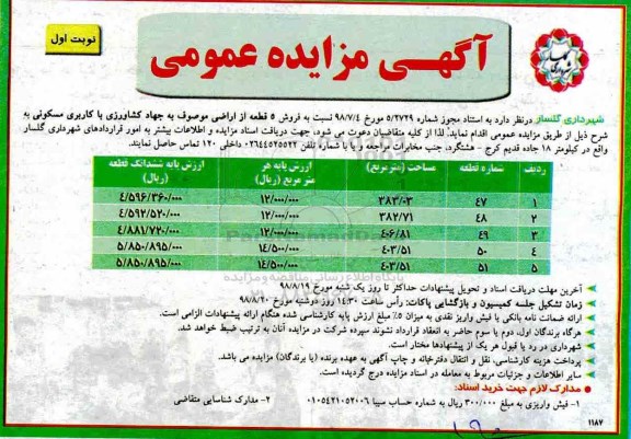 آگهی مزایده ،مزایده فروش 5 قطعه از اراضی با کاربری مسکونی نوبت اول