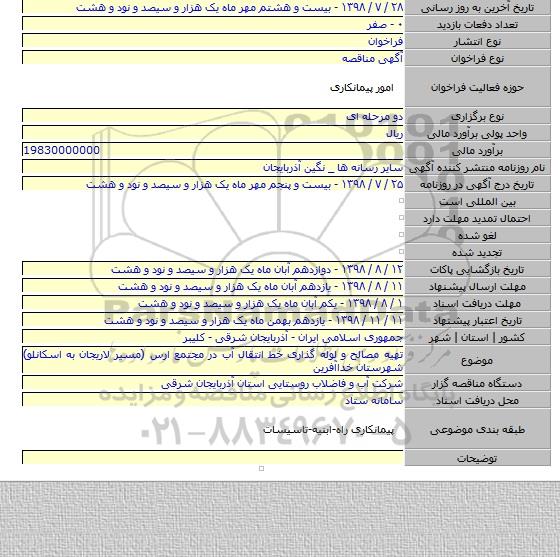 تهیه مصالح و لوله گذاری خط انتقال آب در مجتمع ارس (مسیر لاریجان به اسکانلو) شهرستان خداآفرین