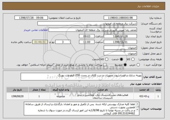 استعلام بهینه سازی و فونداسیون تجهیزات و درب کانال در پست 230 کیلو ولت بهرنگ
