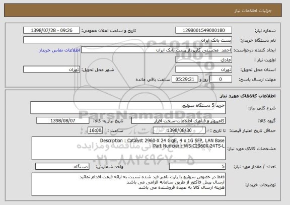استعلام خرید 5 دستگاه سوئیچ