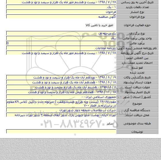 مقدار۲۹۰۸۷ (بیست ونه هزارو هشتادوهفت  ) مترلوله چدن داکتیل کلاس K۹ مقاوم در برابرزلزله در اقطار  ۷۰۰