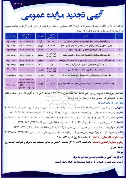 تجدید مزایده, تجدید مزایده زمین ها و آپارتمان های مسکونی و تجاری - نوبت دوم 