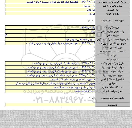 فروش ۲ قطعه زمین در شهر نهاوند در مالکیت سازمان ملی زمکین و مسکن
