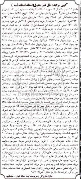 آگهی مزایده مزایده مقدار 12 سهم مشاع از 42 سهم ششدانگ یکبابخانه