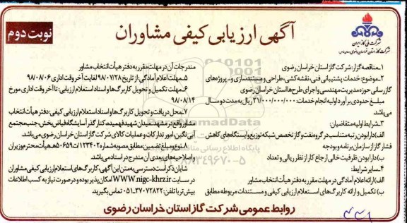 ارزیابی کیفی مشاوران, مناقصه خدمات پشتیبانی فنی، نقشه کشی، طراحی و مستندسازی و ... - نوبت دوم 