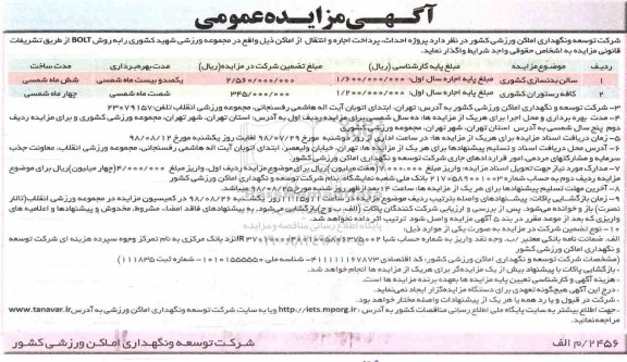 مزایده , مزایده  سالن بدن سازی کشوری و...