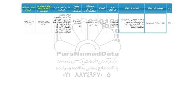 مناقصه، مناقصه انجام عملیات برقرسانی و تهیه و نصب ترانسفورماتور ...