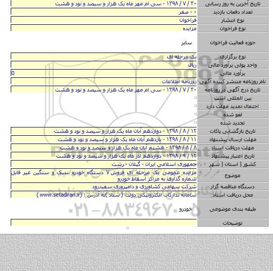 مزایده عمومی یک مرحله ای فروش ۷ دستگاه خودرو سبک و سنگین غیر قابل شماره گذاری به مراکز اسقاط خودرو