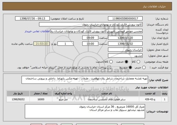 استعلام تهیه نقشه معماری ساختمان شامل پلان موقعیت . طبقات . تهیه عکس پانوراما  داخلی و بیرونی ساختمان 