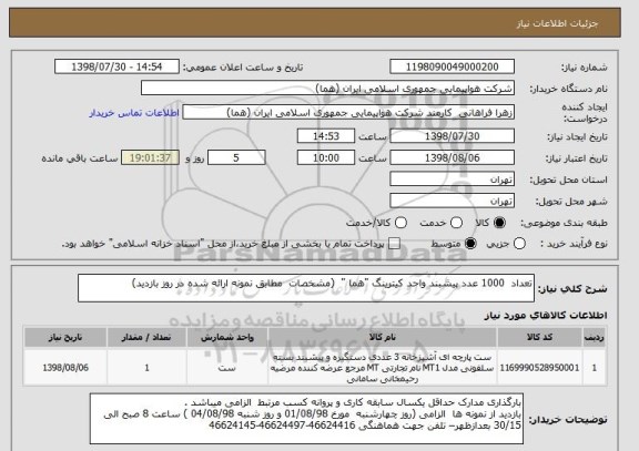 استعلام تعداد  1000 عدد پیشبند واحد کیترینگ "هما "  (مشخصات  مطابق نمونه ارائه شده در روز بازدید)