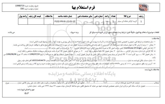 استعلام،  استعلام ​گریت کراشر دندانه ای سینتر 