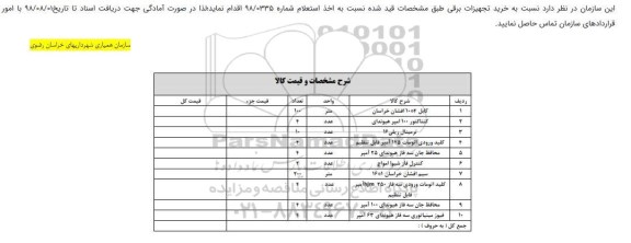 استعلام ، استعلام خرید تجهیزات برقی 