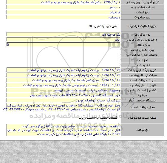 خرید ایستگاه کابینتی TBS ۲۵۰-۶۰-۲۵۰۰ فلت بدون کنتور -نوبت دوم