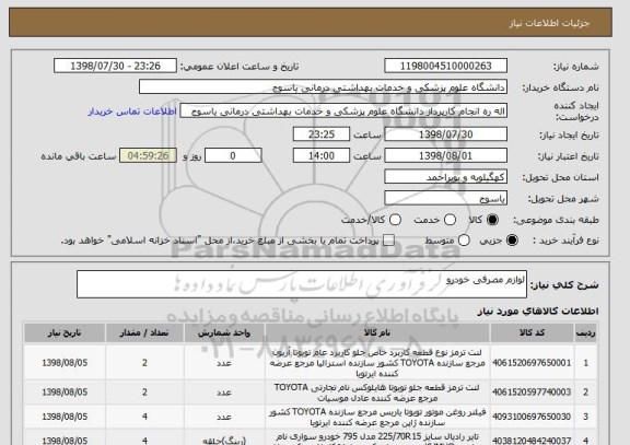 استعلام لوازم مصرفی خودرو