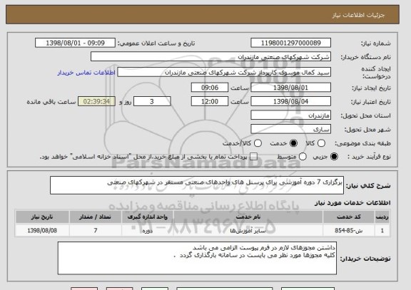 استعلام برگزاری 7 دوره آموزشی برای پرسنل های واحدهای صنعتی مستقر در شهرکهای صنعتی 