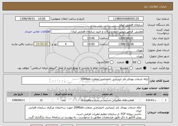 استعلام ارائه خدمات پهنای باند اینترانتی اختصاصی متقارن 20Mbps 