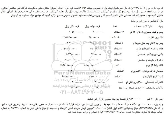 مزایده، مزایده فروش پمپ و دینام پمپیران با دینام 220 نو و...