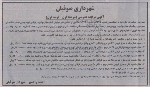 مزایده عمومی, مزایده اجاره 6 باب مغازه...