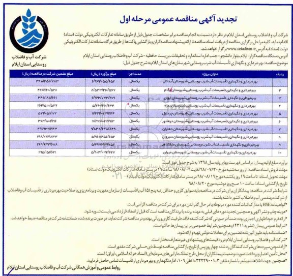 مناقصه عمومی , تجدید مناقصه  بهره برداری و نگهداری تاسیسات آب شرب روستایی شهرستان  و...