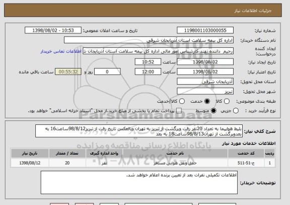 استعلام بلیط هواپیما به تعداد 20نفر رفت وبرگشت از تبریز به تهران وبالعکس تاریخ رفت از تبریز98/8/12ساعت16 به بعدوبرگشت از تهران98/8/13ساعت18 به بعد