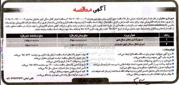 مناقصه , مناقصه جدول گذاری معابر سطح شهر...