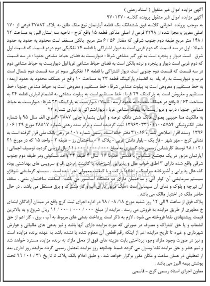 مزایده،مزایده ششدانگ عرصه و اعیان آپارتمان 148.92 مترمربع