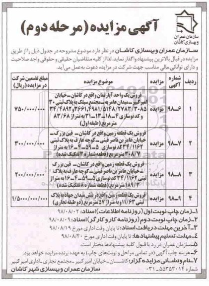 مزایده، مزایده فروش یک واحد آپارتمان مرحله دوم