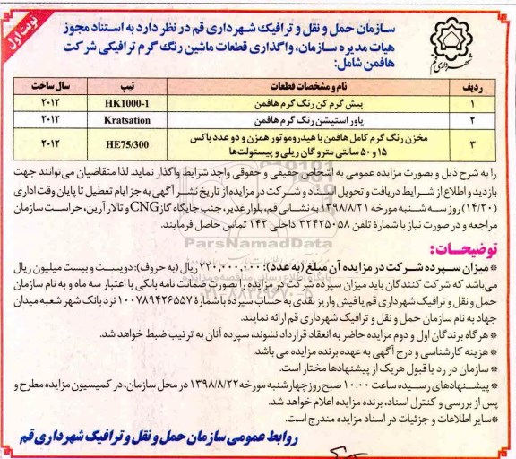 آگهی مزایده, مزایده واگذاری قطعات ماشین رنگ گرم ترافیکی شرکت هافمن