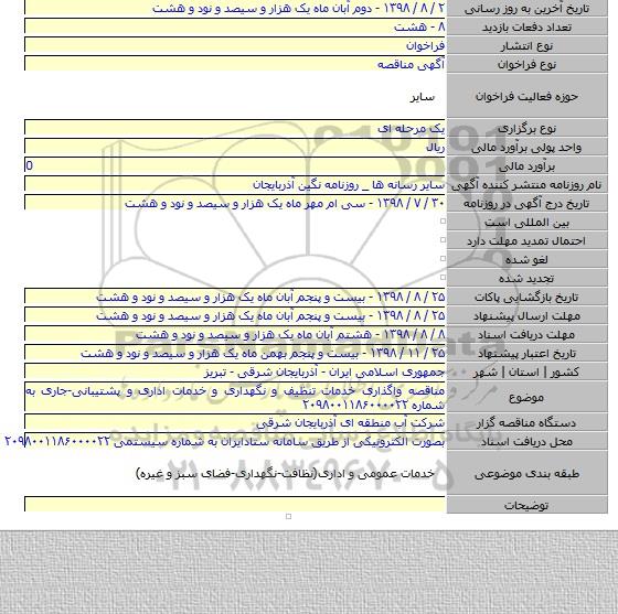 مناقصه واگذاری خدمات تنظیف و نگهداری و خدمات اداری و پشتیبانی-جاری به شماره ۲۰۹۸۰۰۱۱۸۶۰۰۰۰۲۲