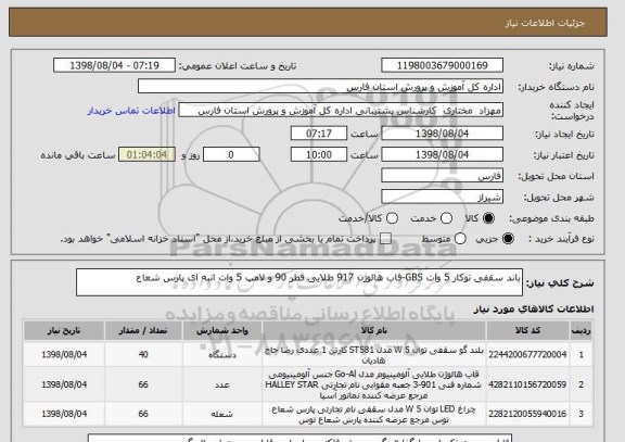 استعلام باند سقفی توکار 5 وات GBS-قاب هالوژن 917 طلایی قطر 90 و لامپ 5 وات انبه ای پارس شعاع