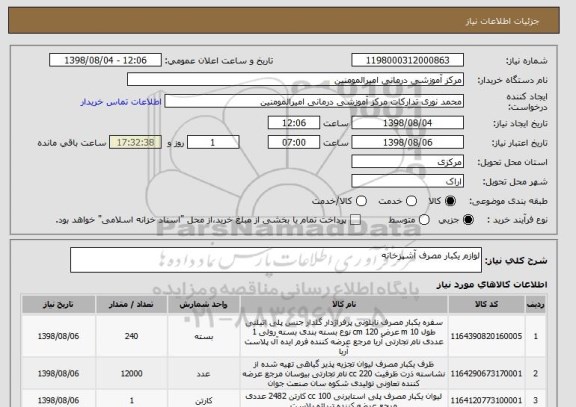 استعلام لوازم یکبار مصرف آشپزخانه