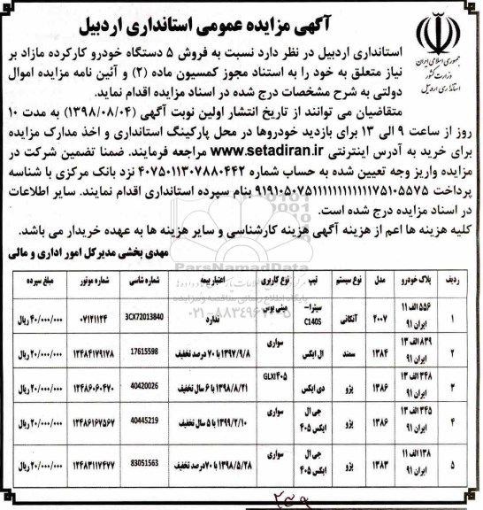 مزایده, مزایده فروش 5 دستگاه خودرو کارکرده مازاد