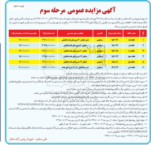 آگهی مزایده مزایده فروش 6 قطعه زمین با کاربری مسکونی مرحله سوم نوبت دوم