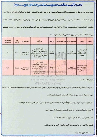 تجدید مناقصه , تجدید مناقصه اجرای عملیات جمع آوری و حمل زباله و تنظیف ناحیه دو و...نوبت دوم 