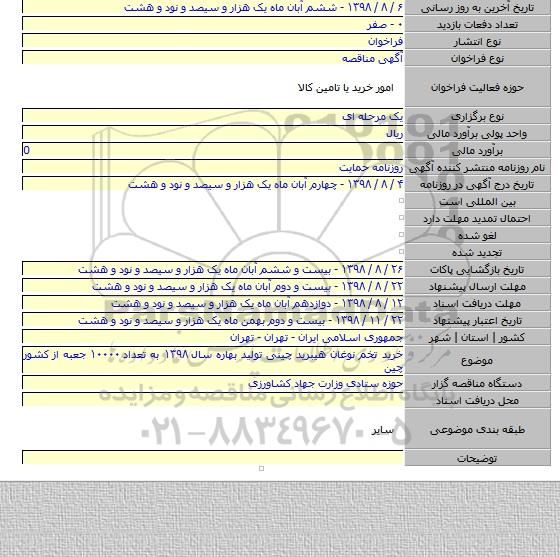 خرید تخم نوغان هیبرید چینی تولید بهاره سال ۱۳۹۸ به تعداد ۱۰۰۰۰ جعبه از کشور چین