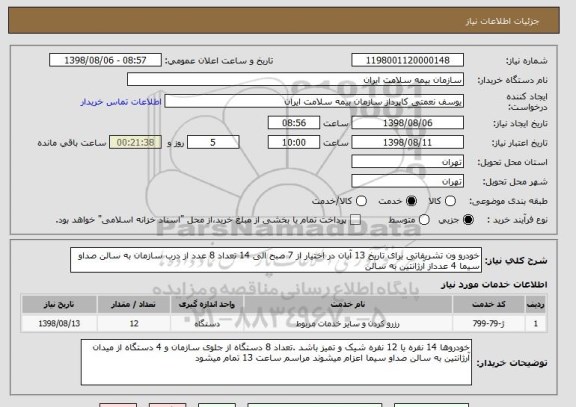 استعلام خودرو ون تشریفاتی برای تاریخ 13 آبان در اختیار از 7 صبح الی 14 تعداد 8 عدد از درب سازمان به سالن صداو سیما 4 عدداز آرژانتین به سالن 