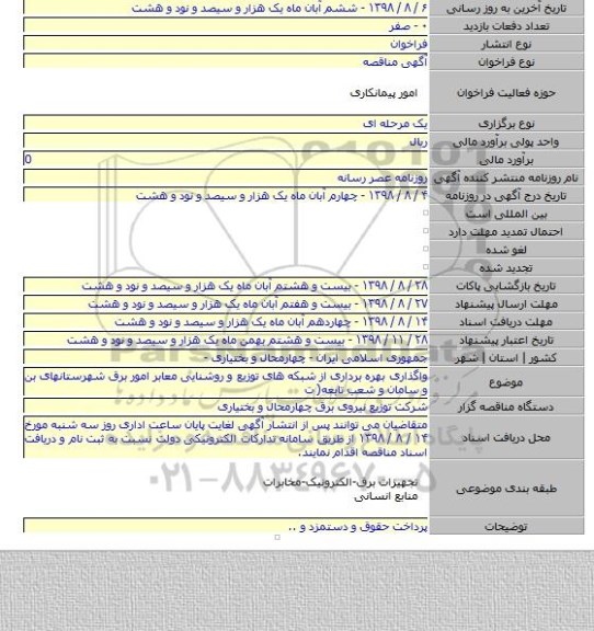 واگذاری بهره برداری از شبکه های توزیع و روشنایی معابر امور برق شهرستانهای بن و سامان و  شعب تابعه( ت