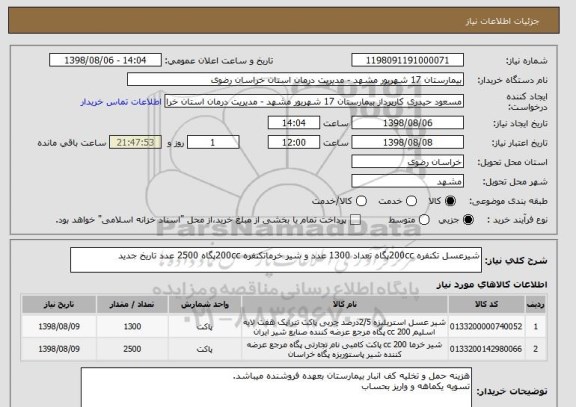 استعلام شیرعسل تکنفره 200ccپگاه تعداد 1300 عدد و شیر خرماتکنفره 200ccپگاه 2500 عدد تاریخ جدید