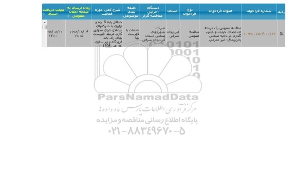 مناقصه عمومی, مناقصه عمومی یک مرحله ای احداث خیابان و جدول گذاری