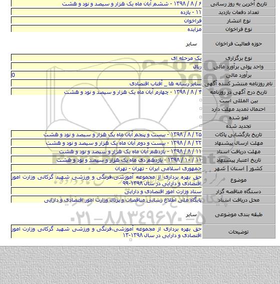 حق بهره برداری از مجموعه آموزشی،فرنگی و ورزشی شهید گرکانی وزارت امور اقتصادی و دارایی در سال ۱۳۹۸-۹۹