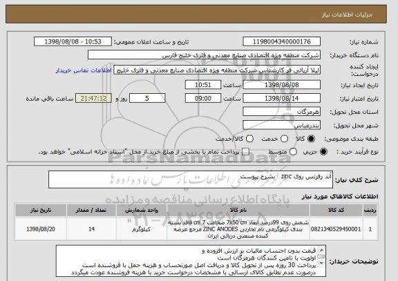 استعلام آند رفرنس روی zinc   بشرح پیوست 