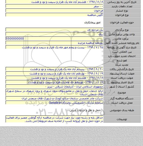 ارائه خدمات حمل و نقل در ماموریتهای درون شهری و برون شهری در سطح شهرک های صنعتی استان