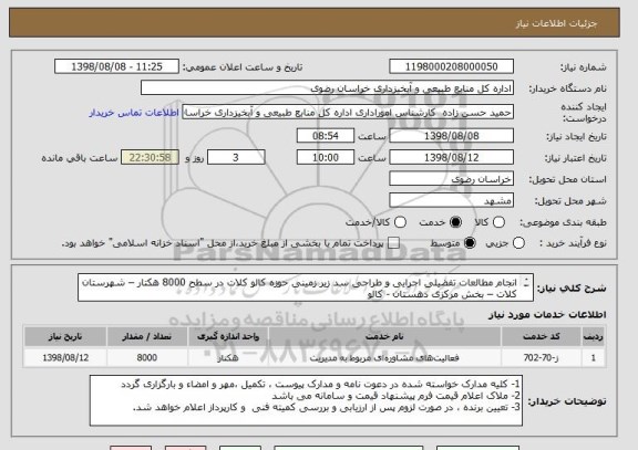 استعلام انجام مطالعات تفضیلی اجرایی و طراحی سد زیر زمینی حوزه کالو کلات در سطح 8000 هکتار – شهرستان کلات – بخش مرکزی دهستان - کالو

