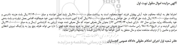 مزایده، مزایده فروش یکدستگاه پراید سواری مدل 87 