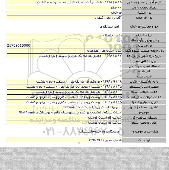 احداث شبکه و انشعاب پراکنده در شهرستان ملایر و روستاهای تابعه ۴۸-۹۸