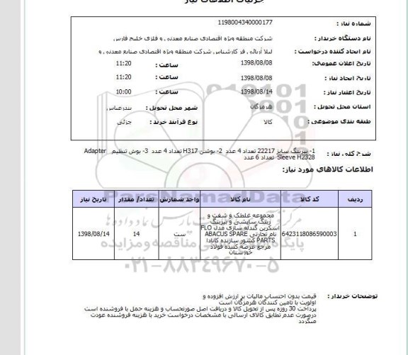 استعلام 1- بیرینگ سایز 22217 تعداد 4 عدد  2- بوشن H317 تعداد 4 عدد  3- بوش تنظیم   Adapter Sleeve H2328  تعداد 6 عدد
