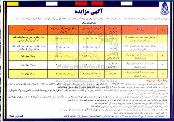 آگهی مزایده مزایده فروش 5 قطعه سرقفلی مغازه