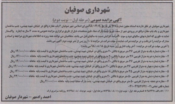 مزایده عمومی, مزایده اجاره 6 باب مغازه...- نوبت دوم